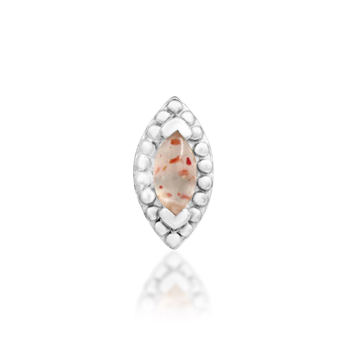 Junipurr Glorie solid 14k white gold threadless end with a marquise Sunstone, front view.