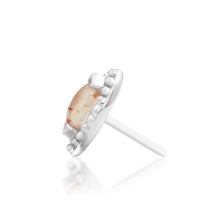 Junipurr Glorie solid 14k white gold marquise Sunstone threadless end, side profile.