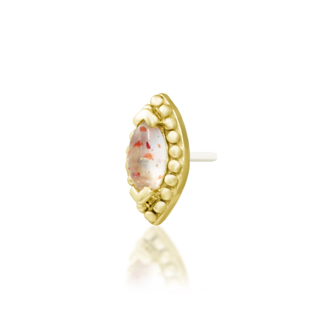 Junipurr Glorie solid 14k yellow gold marquise Sunstone threadless end, angled view.