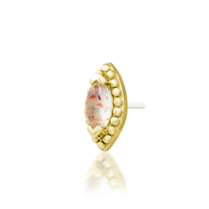 Junipurr Glorie solid 14k yellow gold marquise Sunstone threadless end, angled view.