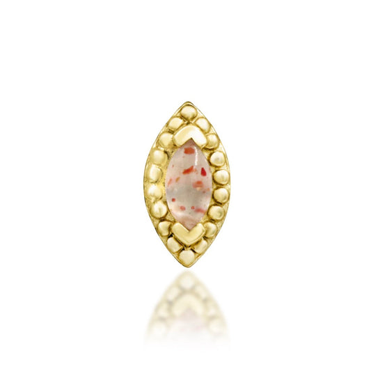 Junipurr Glorie solid 14k yellow gold threadless end with a marquise Sunstone, front view.