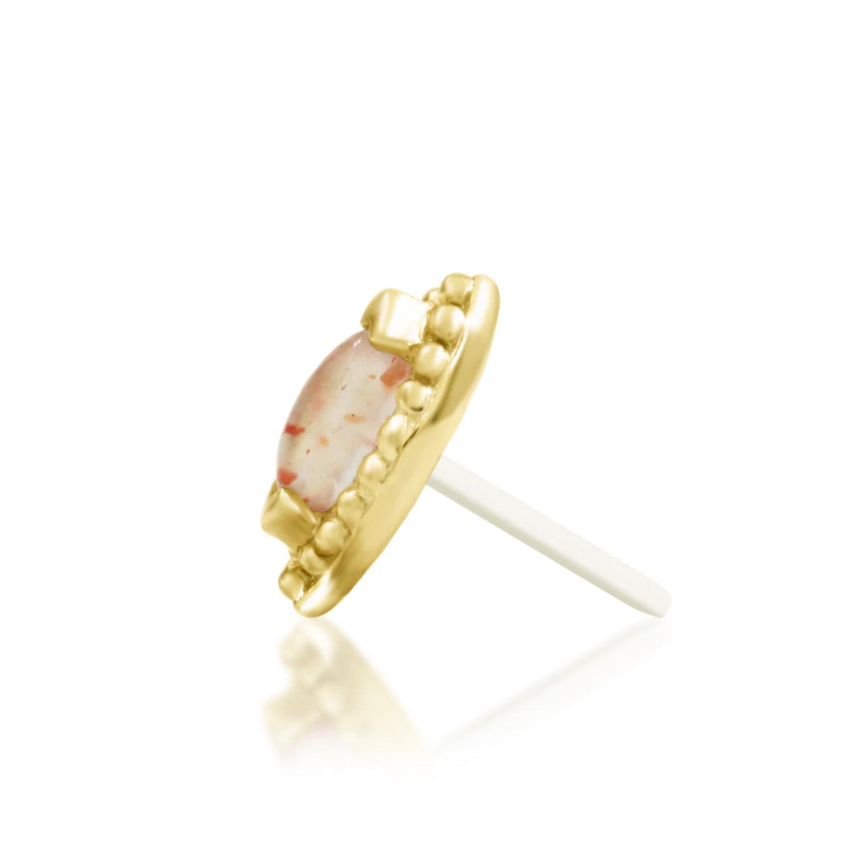 Junipurr Glorie solid 14k yellow gold marquise Sunstone threadless end, side profile.