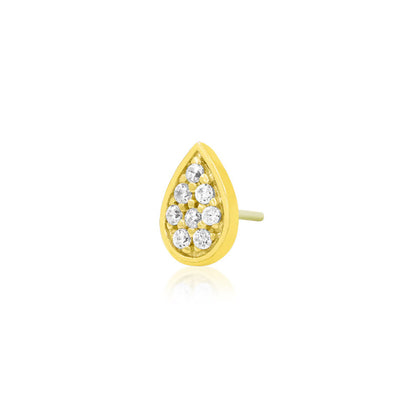 Junipurr Gold Pear 14k yellow gold White CZ threadless end, angled view.