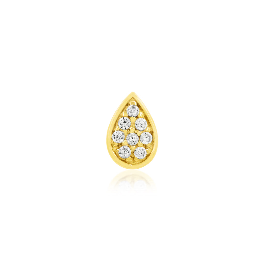 Junipurr Gold Pear 14k yellow gold threadless end with White CZ, front view.
