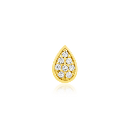 Junipurr Gold Pear 14k yellow gold threadless end with White CZ, front view.