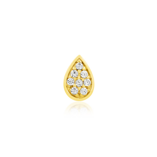 Junipurr Gold Pear 14k yellow gold threadless end with White CZ, front view.