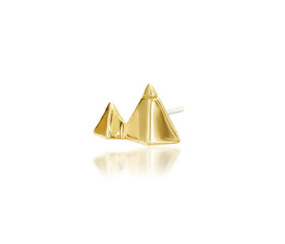 Junipurr Great Giza solid 14k yellow gold geometric threadless end, angled view.