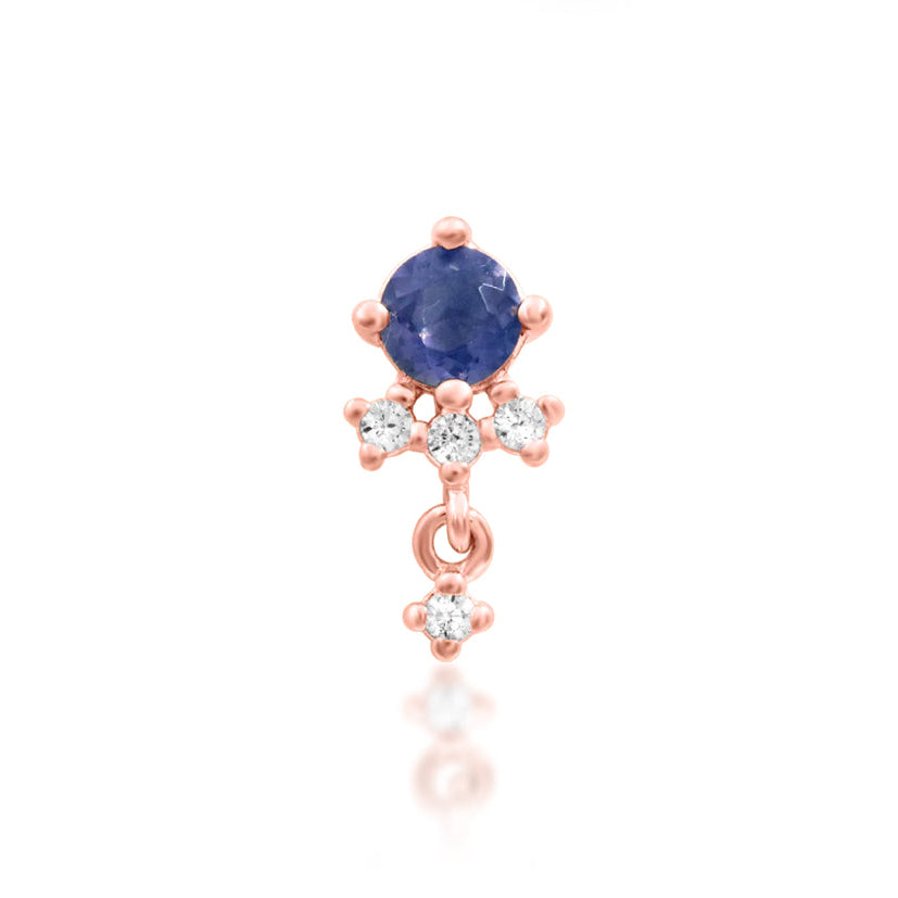 Junipurr Greta solid 14k rose gold Iolite and White CZ dangle threadless end, front view.