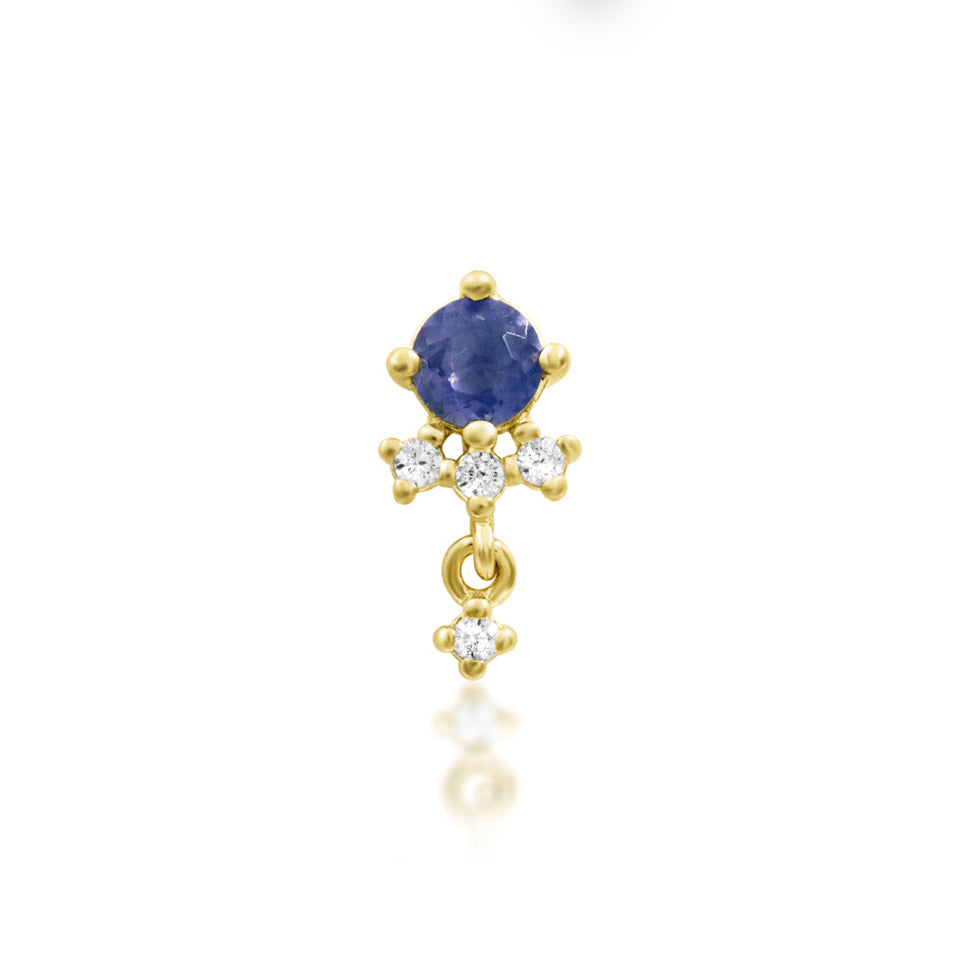 Junipurr Greta solid 14k yellow gold Iolite and White CZ dangle threadless end, front view.