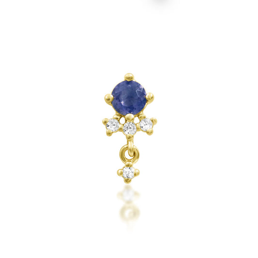 Junipurr Greta solid 14k yellow gold Iolite and White CZ dangle threadless end, front view.