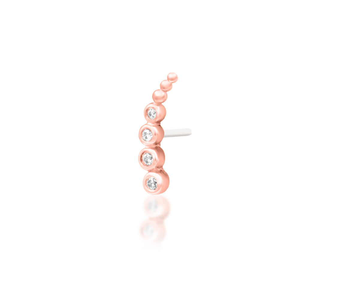 Junipurr Halley solid 14k rose gold curved White CZ threadless end, angled view.