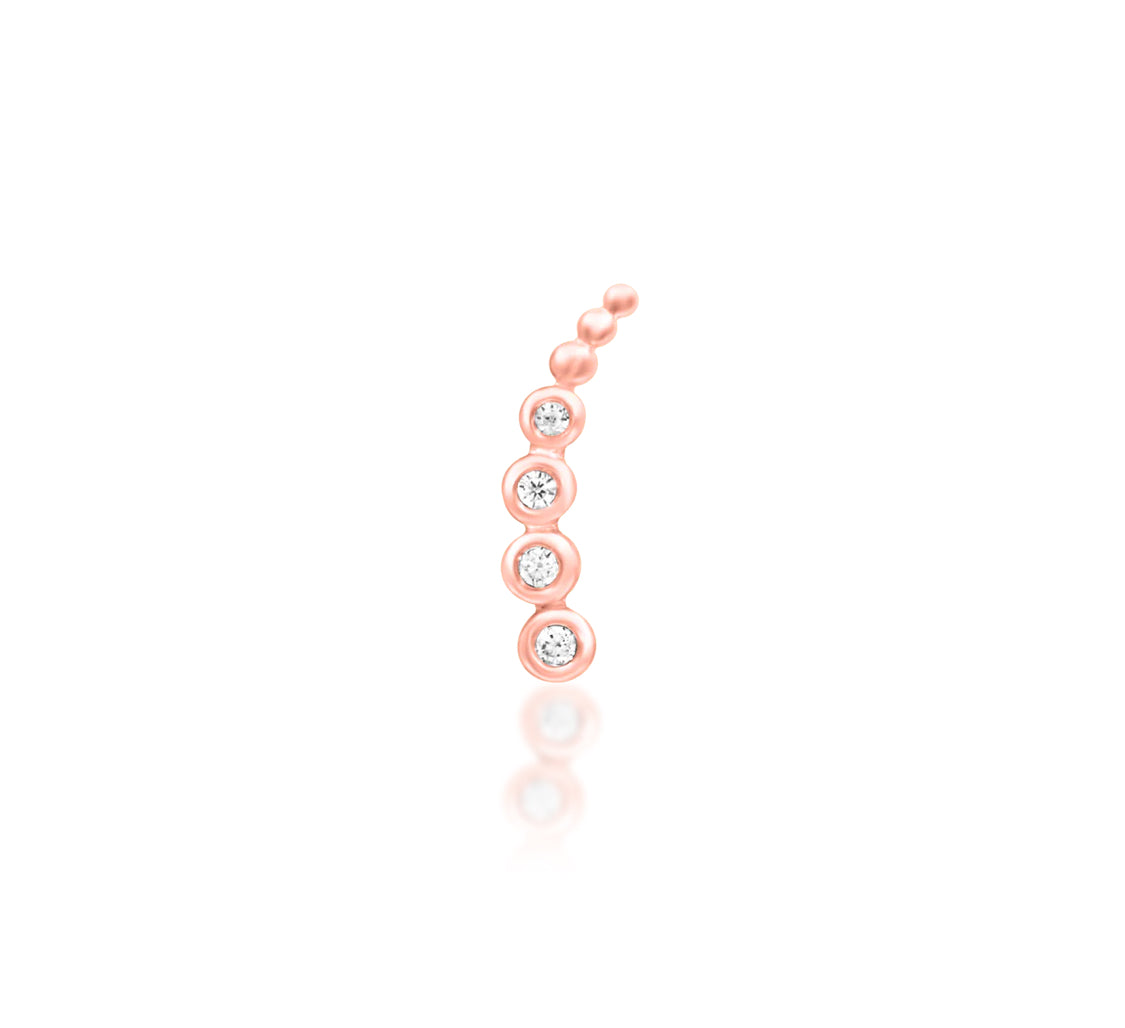 Junipurr Halley solid 14k rose gold curved White CZ threadless end, front view.