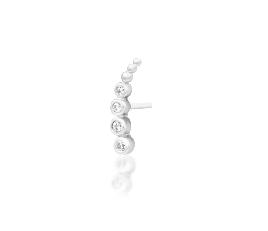 Junipurr Halley solid 14k white gold curved White CZ threadless end, angled view.