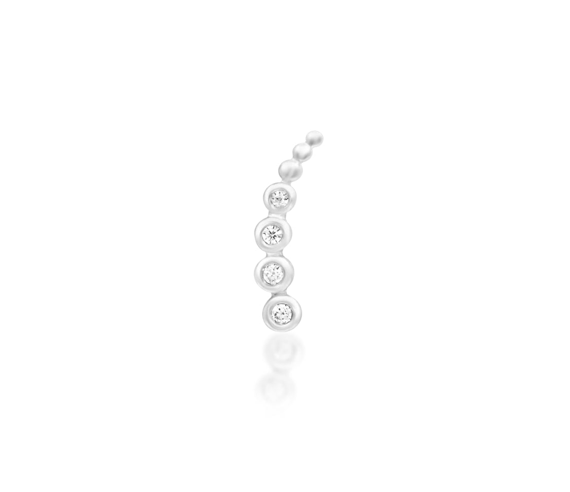 Junipurr Halley solid 14k white gold curved White CZ threadless end, front view.