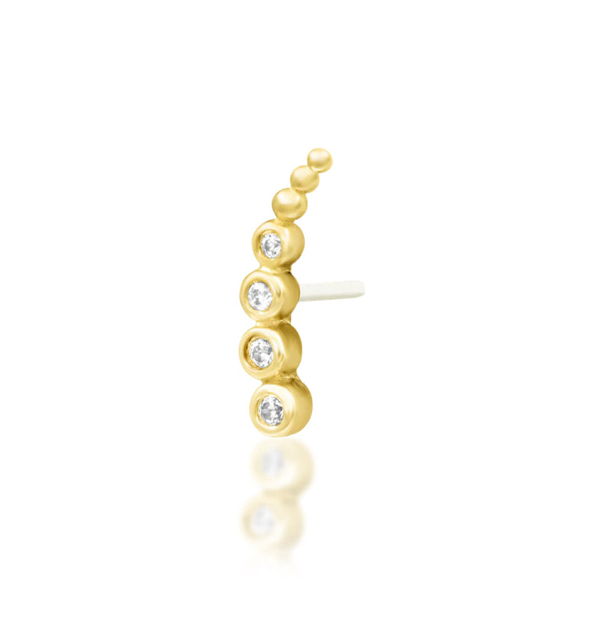 Junipurr Halley solid 14k yellow gold curved White CZ threadless end, angled view.