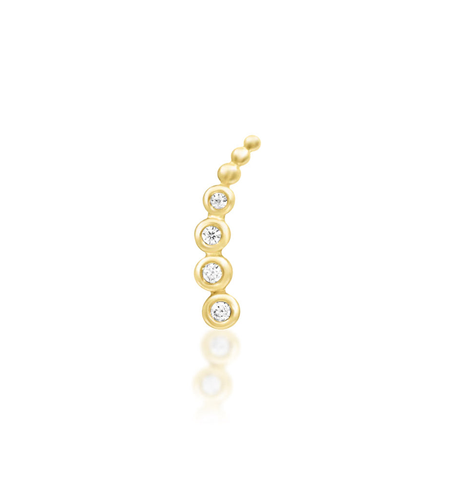 Junipurr Halley solid 14k yellow gold curved White CZ threadless end, front view.
