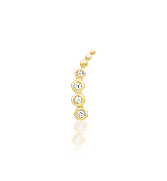 Junipurr Halley solid 14k yellow gold curved White CZ threadless end, front view.