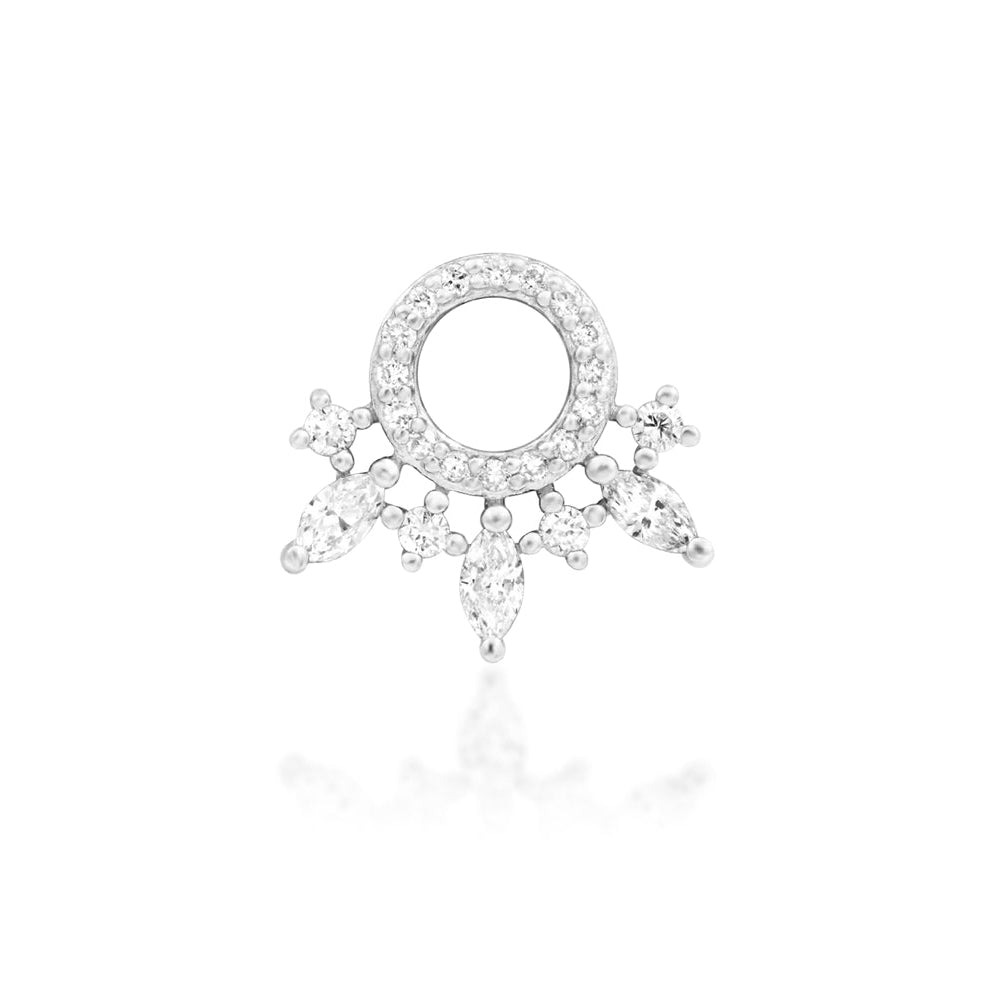 Junipurr Halona solid 14k white gold threadless end with twenty-three lab-grown diamonds, front view.