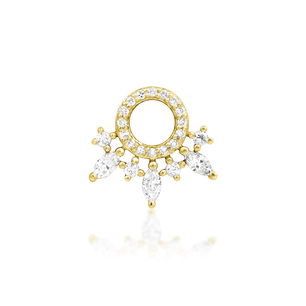 Junipurr Halona solid 14k yellow gold threadless end with twenty-three lab-grown diamonds, front view.