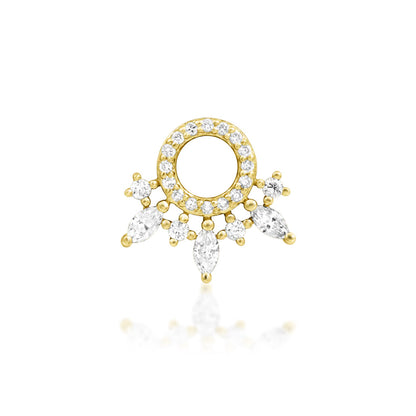 Junipurr Halona solid 14k yellow gold threadless end with twenty-three lab-grown diamonds, front view.