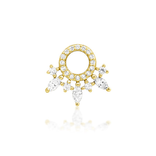 Junipurr Halona solid 14k yellow gold threadless end with twenty-three lab-grown diamonds, front view.