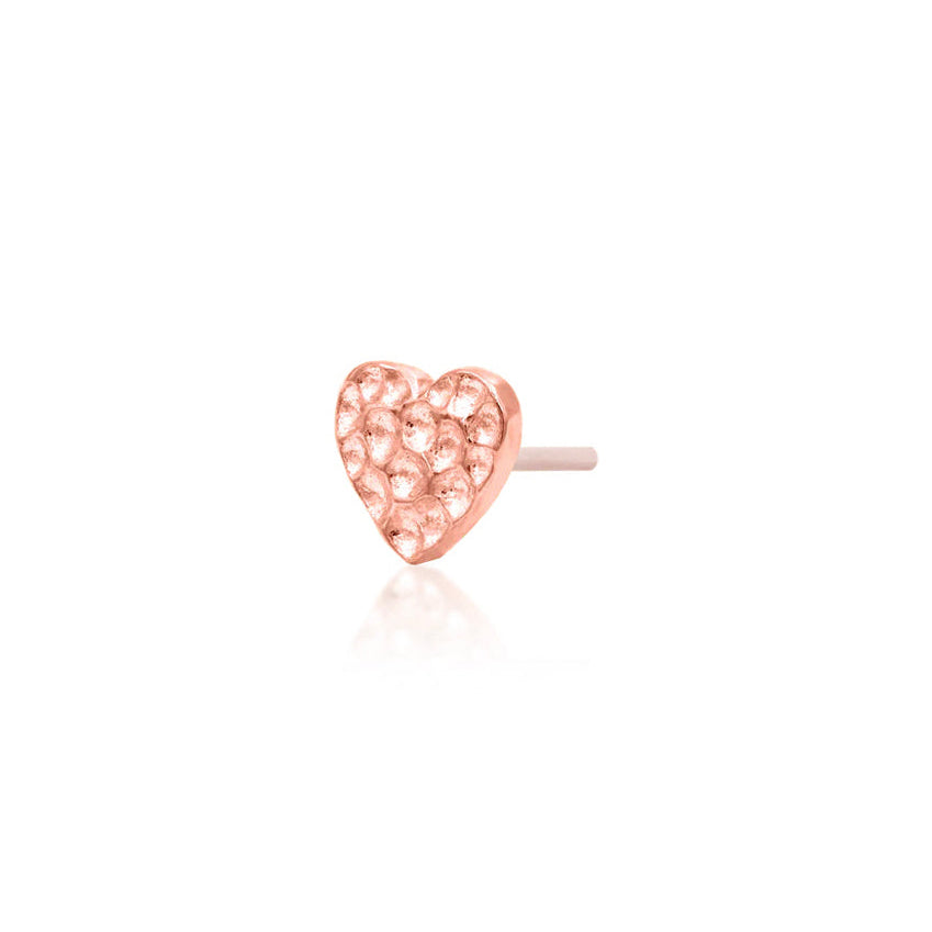 Junipurr Hammered Heart solid 14k rose gold textured heart threadless end, angled view.