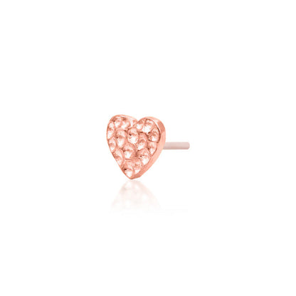 Junipurr Hammered Heart solid 14k rose gold textured heart threadless end, angled view.