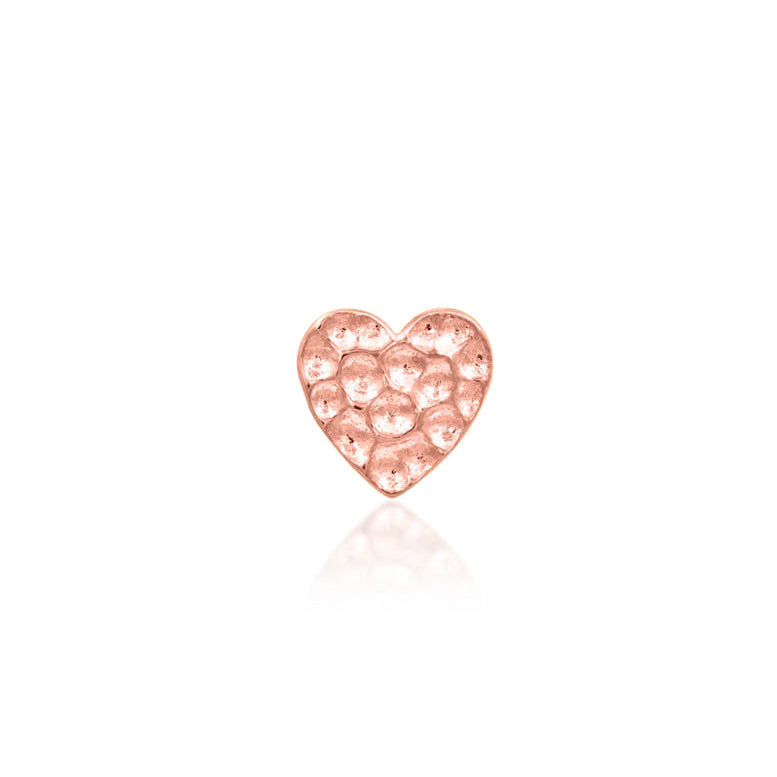 Junipurr Hammered Heart solid 14k rose gold threadless end with a softly textured heart surface, front view.