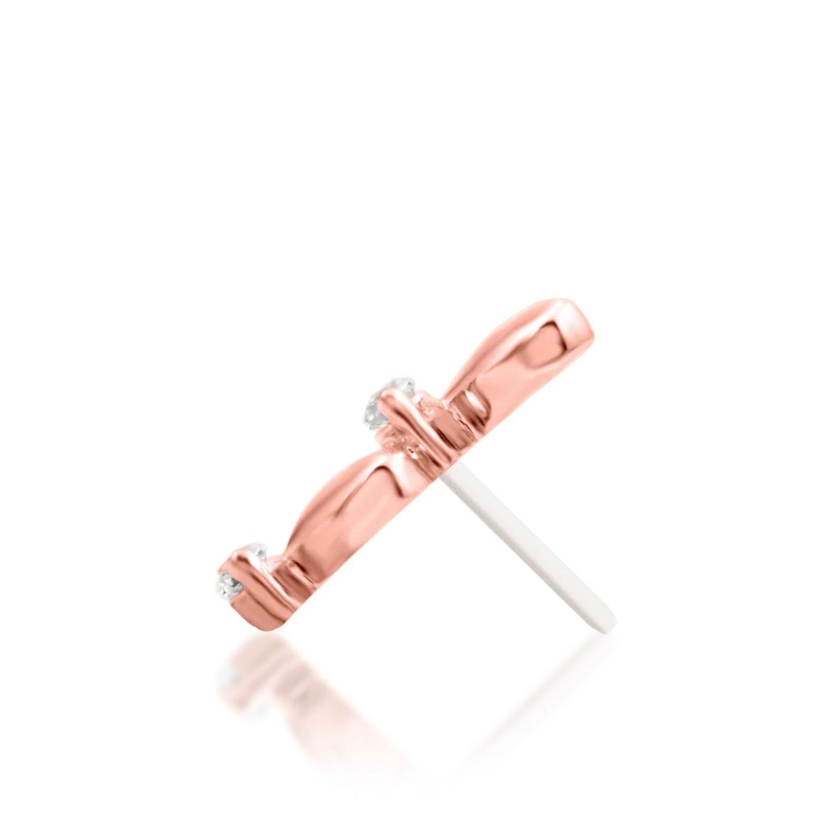 Junipurr Heartfelt open-heart White CZ threadless decorative end in solid 14k rose gold, angled view.