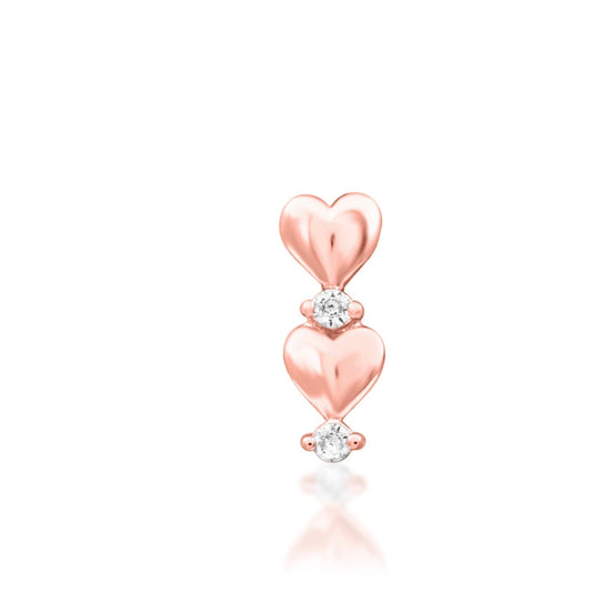 Junipurr Heartfelt open-heart threadless end in solid 14k rose gold with two small White CZ accents, front view.