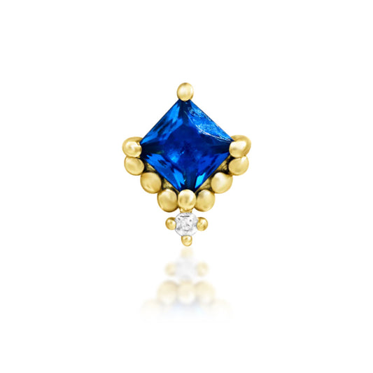Junipurr Hesper solid 14k yellow gold threadless end with Sapphire Blue CZ and White CZ, front view.