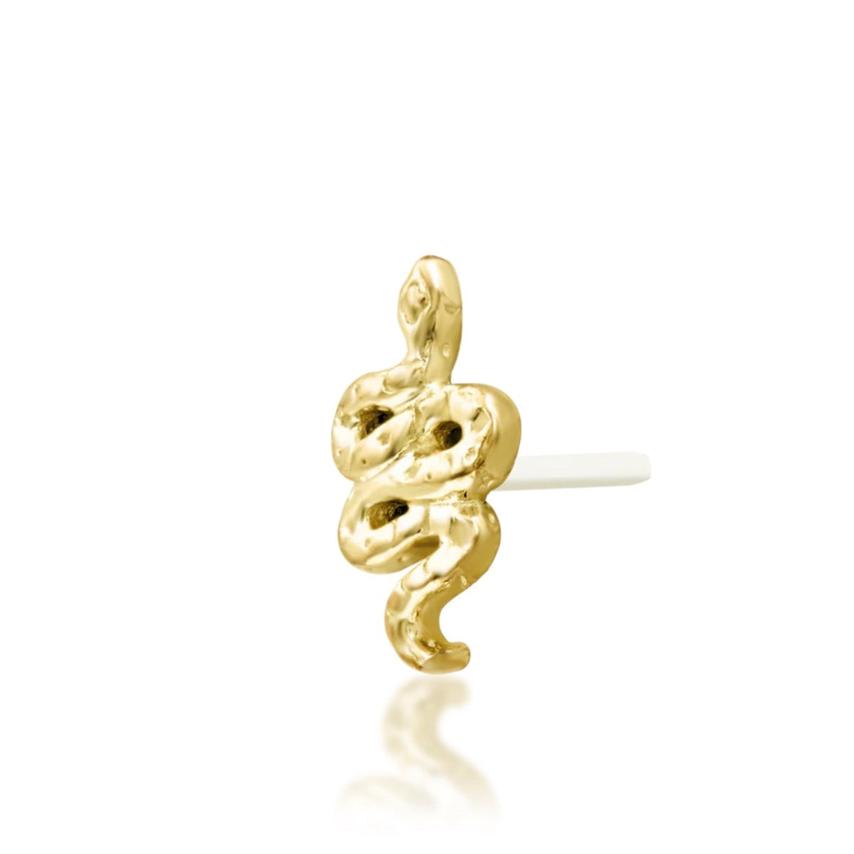 Junipurr Hiss Hammered textured snake threadless end in solid 14k yellow gold, alternate product view.