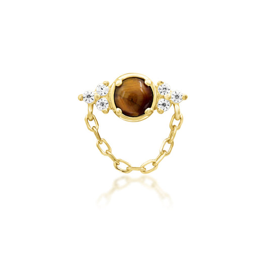 Junipurr Hobbs solid 14k yellow gold statement threadless end with natural Tiger Eye and White CZ, front view.