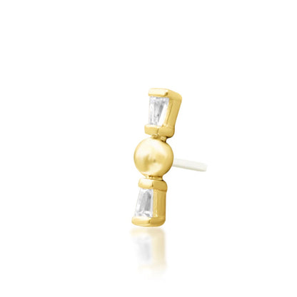 Angled view of Junipurr Ilona CZ threadless end in 14k yellow gold.