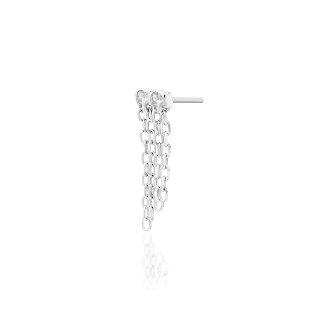 Side detail of Junipurr Imogen in solid 14k white gold showing the slim threadless setting and chain construction.