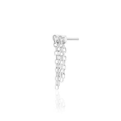 Side detail of Junipurr Imogen in solid 14k white gold showing the slim threadless setting and chain construction.