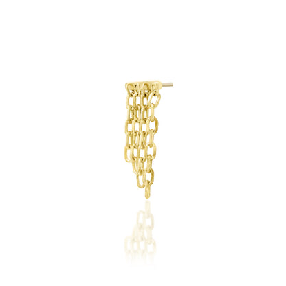 Angled detail of Junipurr Imogen in solid 14k yellow gold showing the slim upper setting and cascading chain structure.