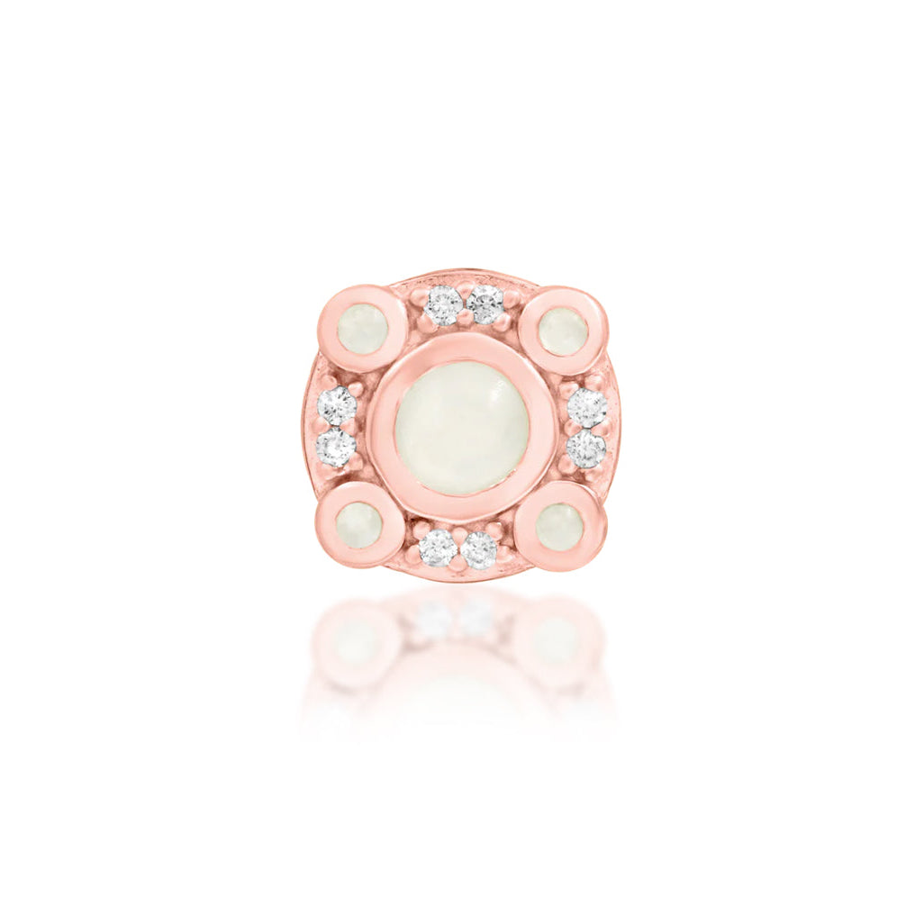 Junipurr Inaya solid 14k rose gold threadless end with synthetic Moonstone and White CZ, front view.