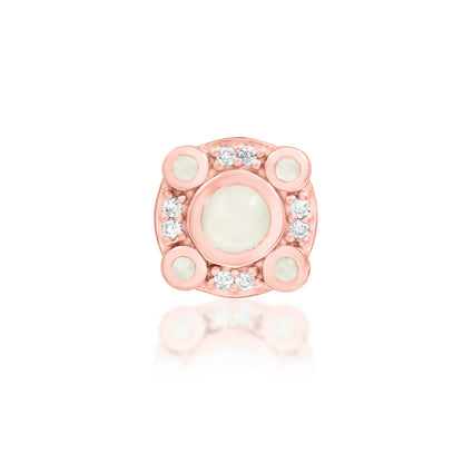 Junipurr Inaya solid 14k rose gold threadless end with synthetic Moonstone and White CZ, front view.