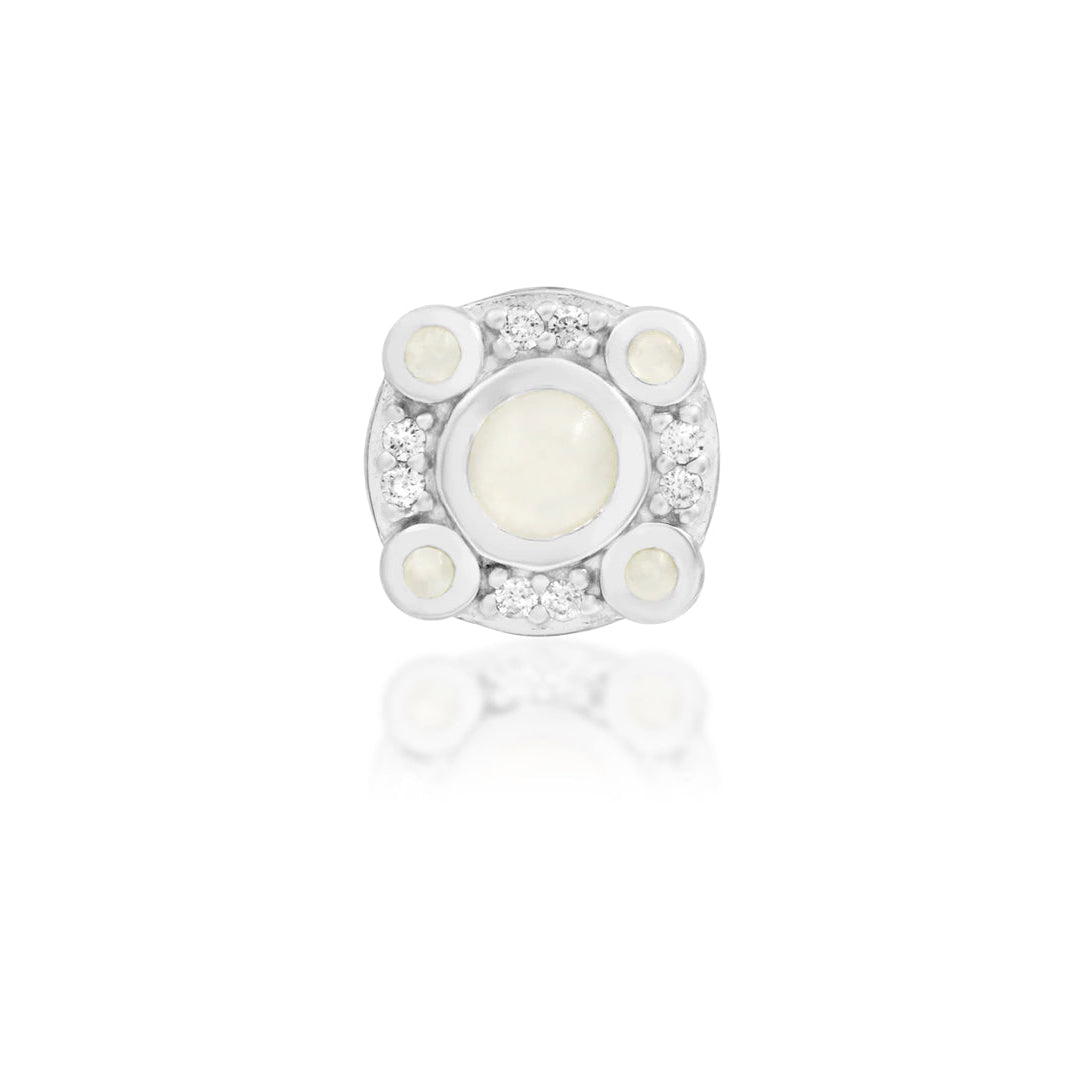 Junipurr Inaya solid 14k white gold threadless end with synthetic Moonstone and White CZ, front view.