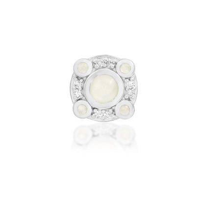 Junipurr Inaya solid 14k white gold threadless end with synthetic Moonstone and White CZ, front view.