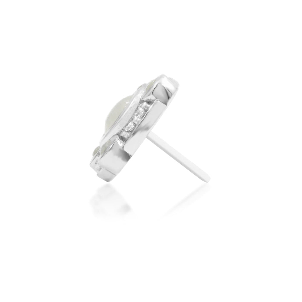 Junipurr Inaya solid 14k white gold synthetic Moonstone and White CZ threadless end, side profile.