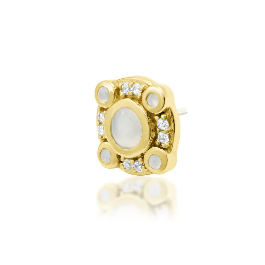 Junipurr Inaya solid 14k yellow gold synthetic Moonstone and White CZ threadless end, angled view.