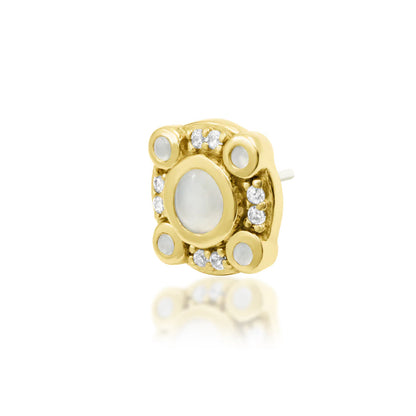 Junipurr Inaya solid 14k yellow gold synthetic Moonstone and White CZ threadless end, angled view.