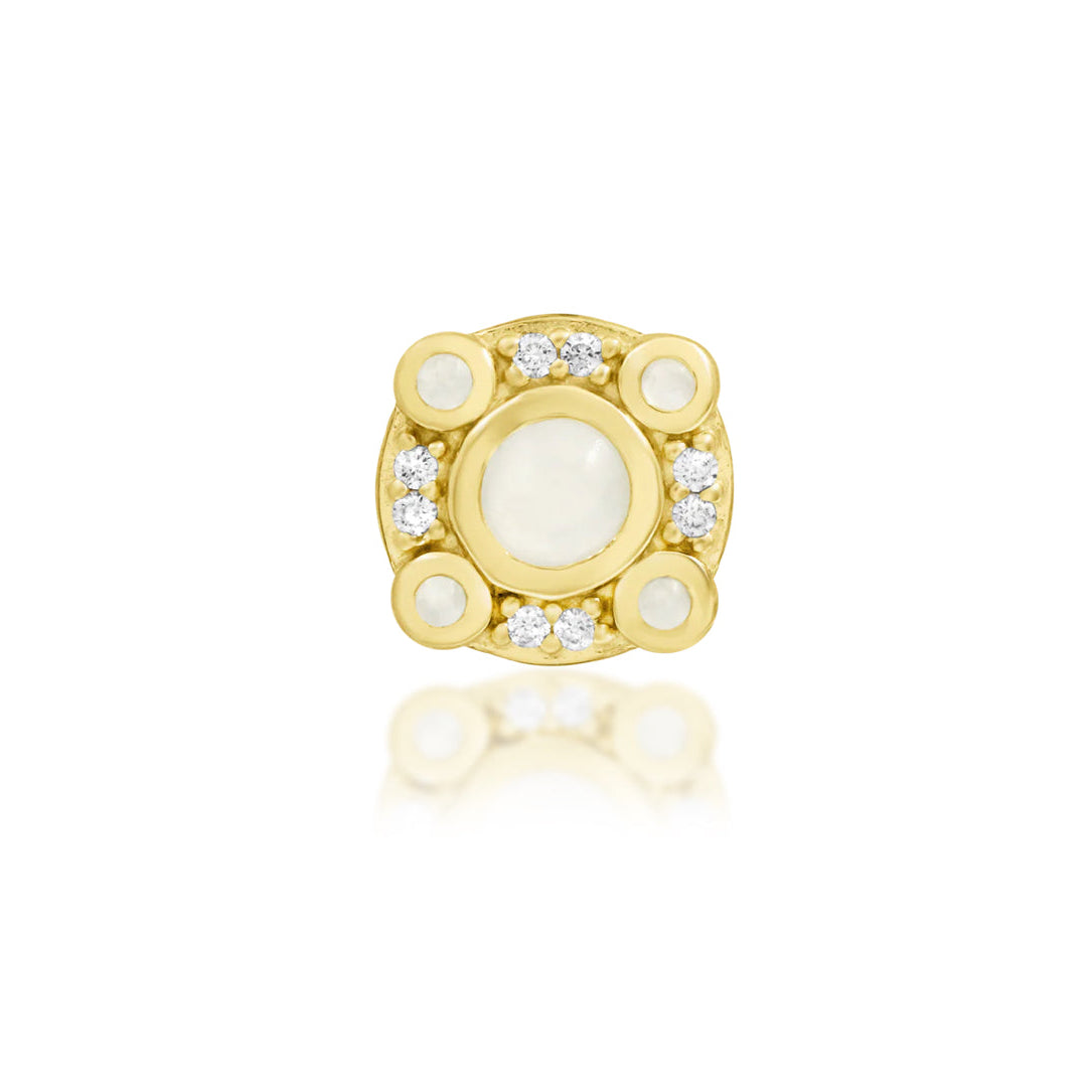 Junipurr Inaya solid 14k yellow gold threadless end with synthetic Moonstone and White CZ, front view.