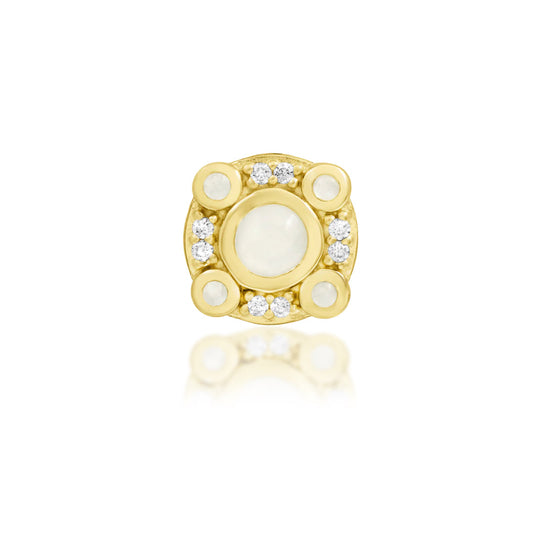 Junipurr Inaya solid 14k yellow gold threadless end with synthetic Moonstone and White CZ, front view.