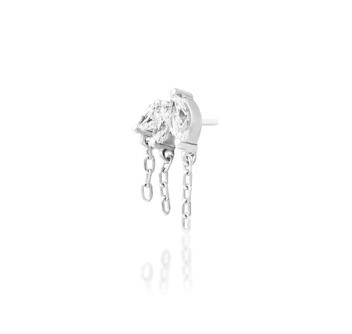 Junipurr Infamous solid 14k white gold threadless end with three elongated lab-grown diamonds, angled view.