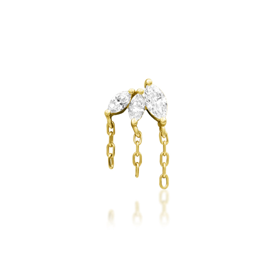 Junipurr Infamous solid 14k yellow gold threadless end with three elongated lab-grown diamonds, front view.