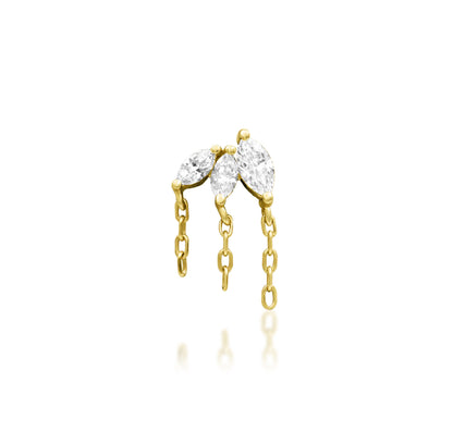 Junipurr Infamous solid 14k yellow gold threadless end with three elongated lab-grown diamonds, front view.