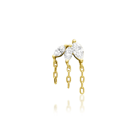 Junipurr Infamous solid 14k yellow gold threadless end with three elongated lab-grown diamonds, front view.